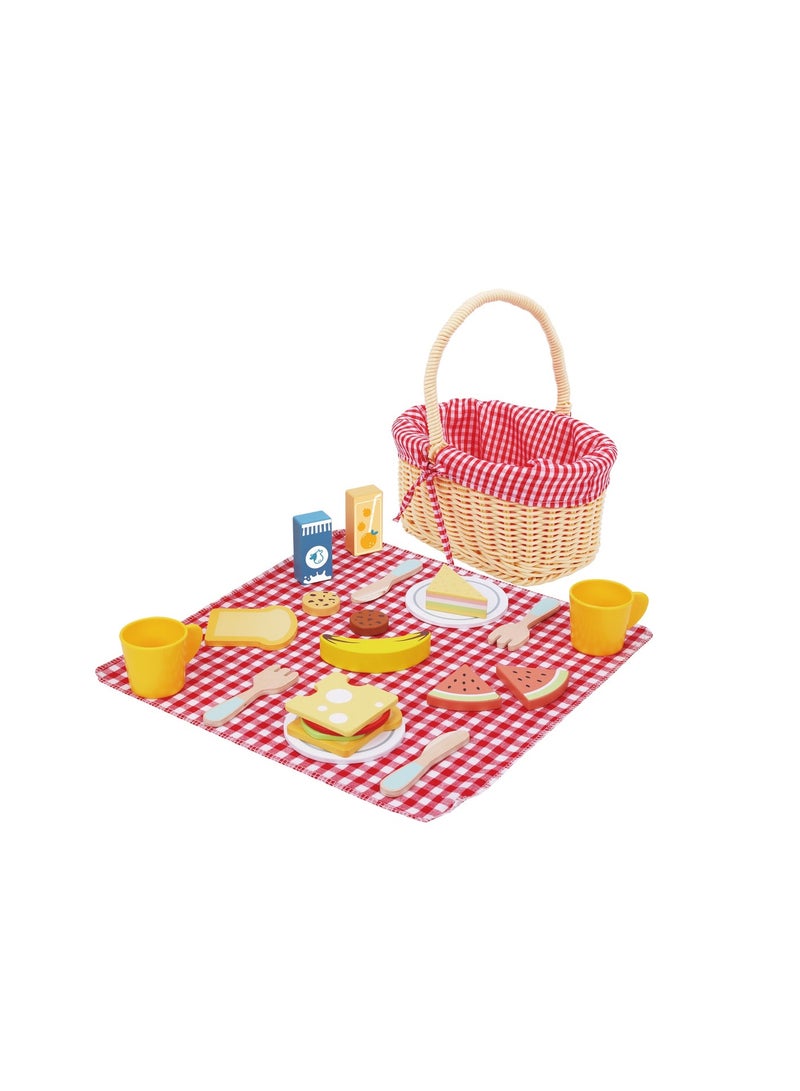Tooky Toy Wooden Picnic Basket Pretend Playset - Multicolor - 23 Pcs - Image 1